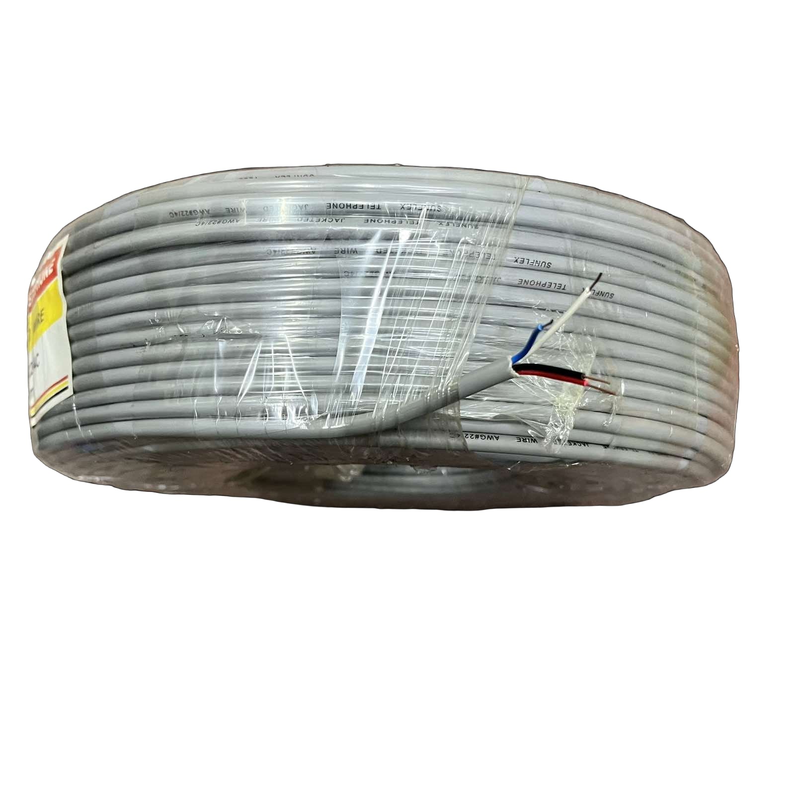 SunFlex coil of hi-pro 22 gauge wire for phones gray jacket with exposed red blue and black conductors