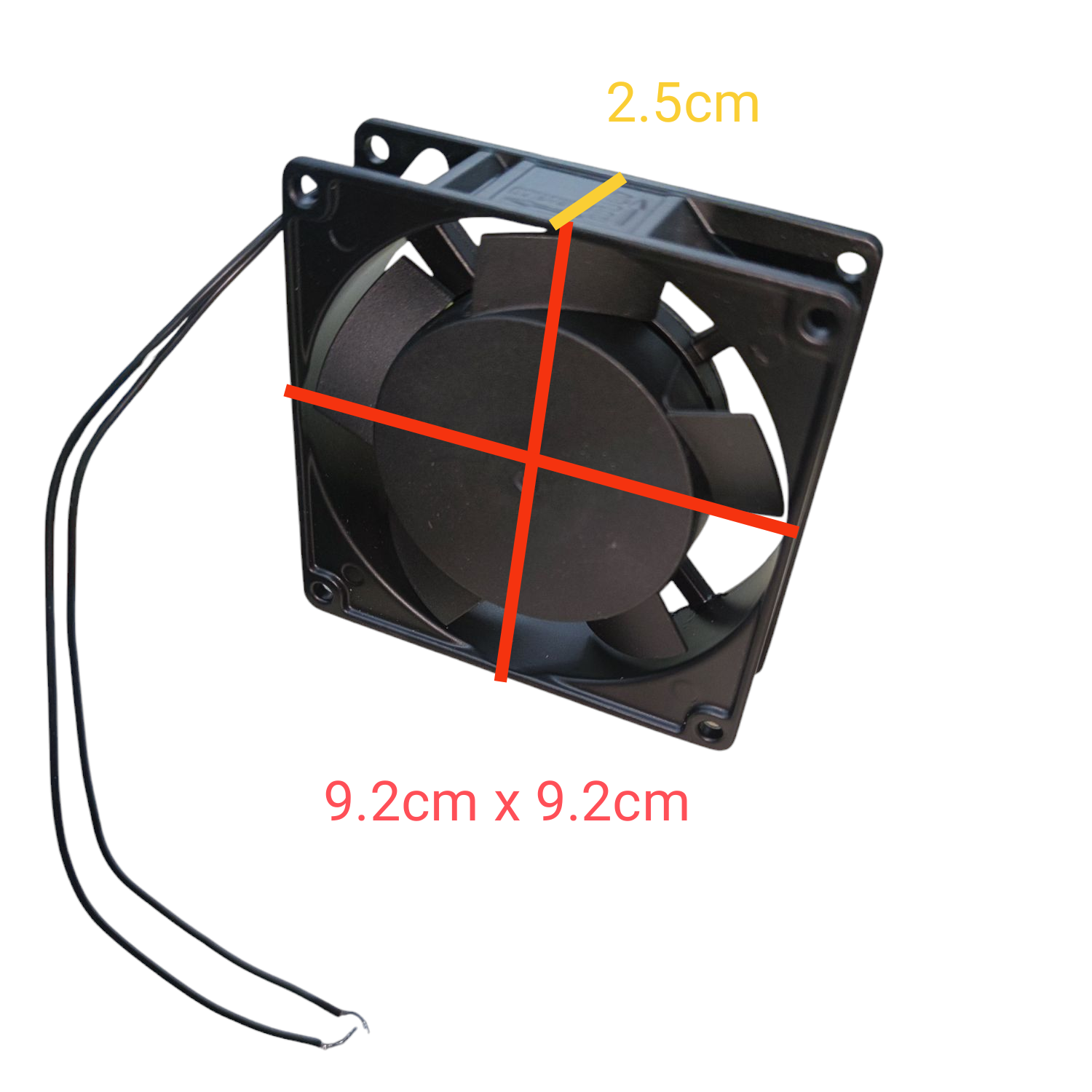 China made 3x3 inch exhaust fan 220V black measuring 9.2 cm by 9.2 cm with attached wires
