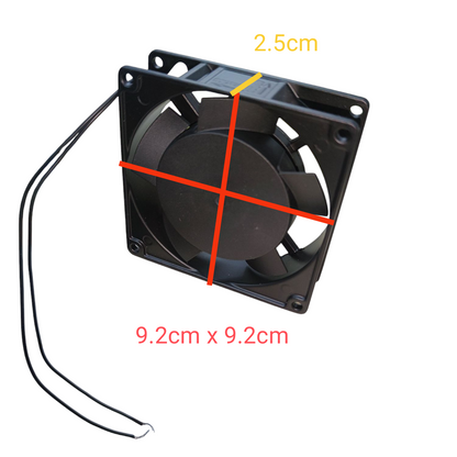 China made 3x3 inch exhaust fan 220V black measuring 9.2 cm by 9.2 cm with attached wires