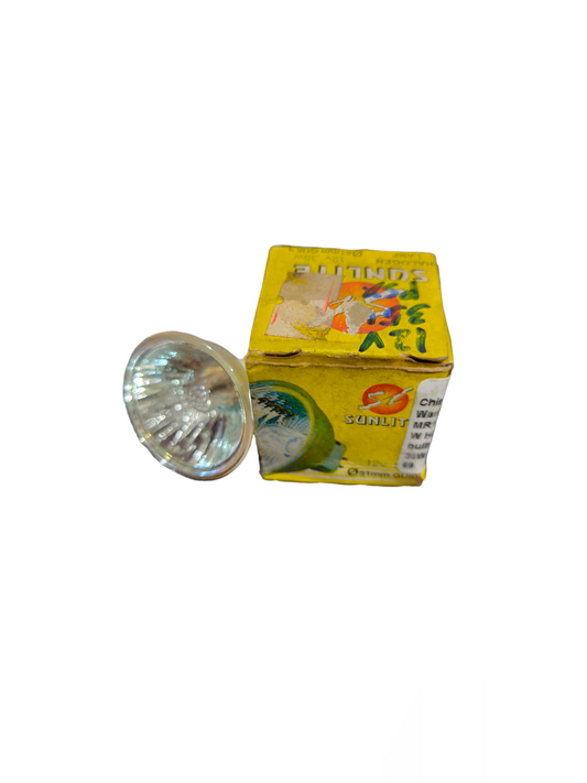 Sunlite 35W 12V MR11 Halogen Bulb with reflective glass next to yellow Sunlite box