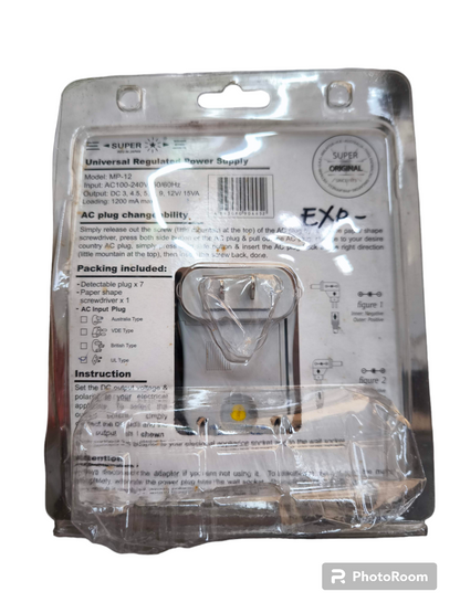 Universal Adaptor 1200mA Output 3V in clear plastic packaging with instructions and label visible