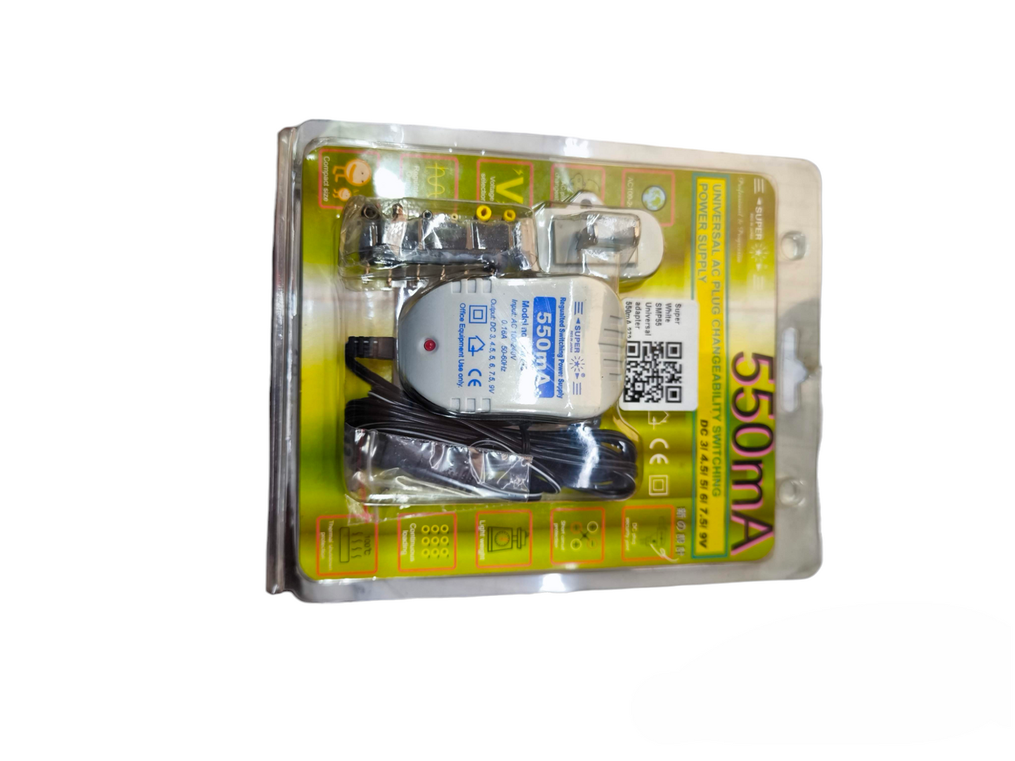 Universal AC Power Supply Output 500mA adapter with cable in clear retail packaging