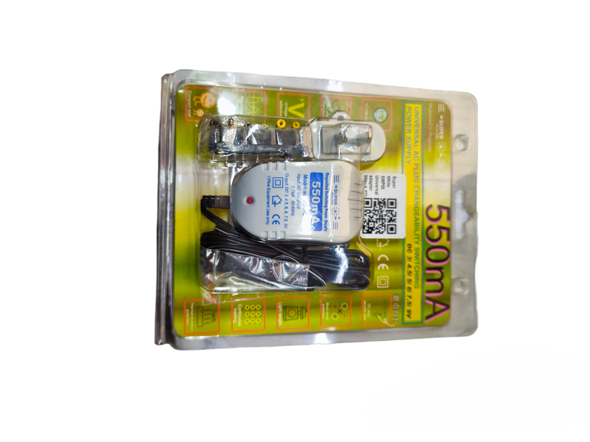 Universal AC Power Supply Output 500mA adapter with cable in clear retail packaging