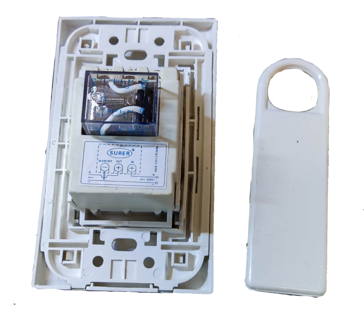 Surer Key Switch Device 10A 250V with relay inside a white casing for easy installation