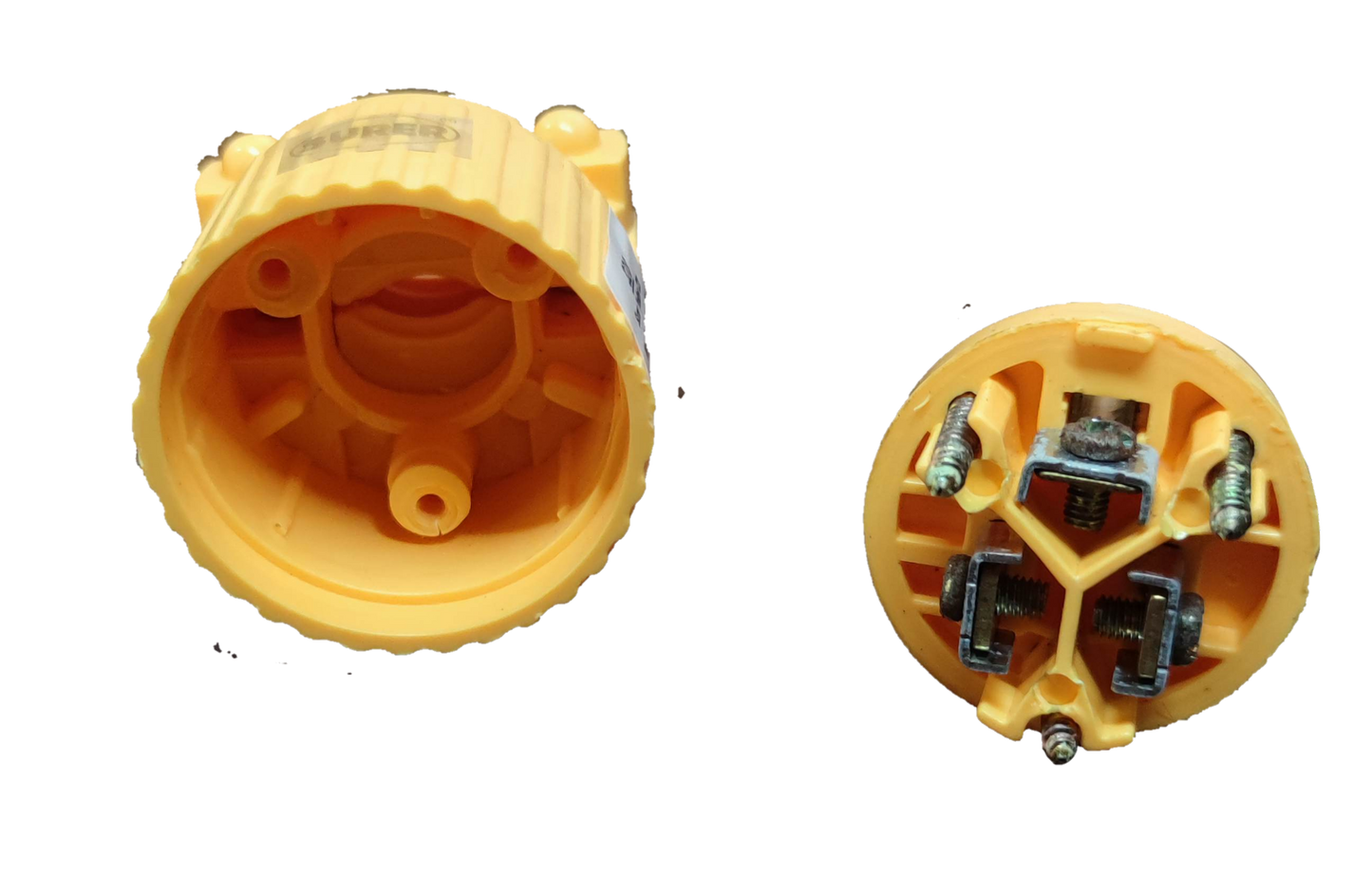 Surer Flat Pin with Ground Plug 15A 125V yellow electrical plug parts showing front and back