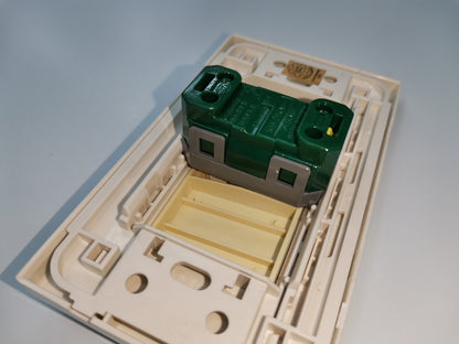 Royu Switch 1gang Flush Type with Led showing back wiring and mounting plate in white plastic frame