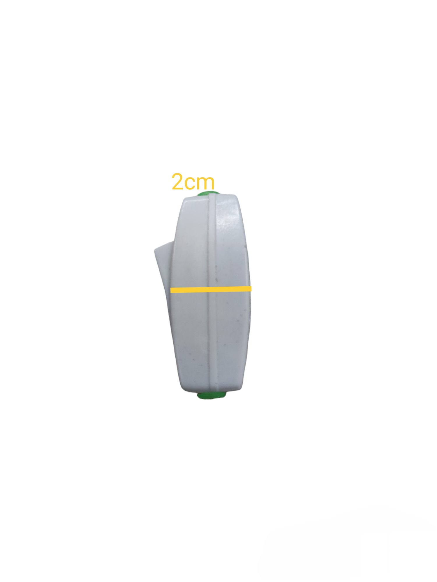 Side view of a white power plug adapter measuring 2 centimeters thickness from China