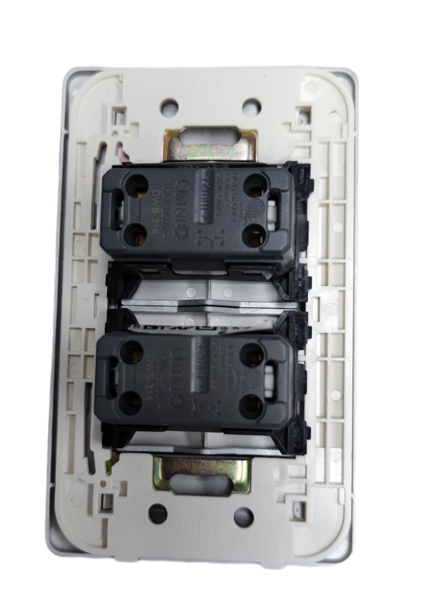 Rear view of Omni 2 gang illuminated switch showing dual black modules and white mounting plate