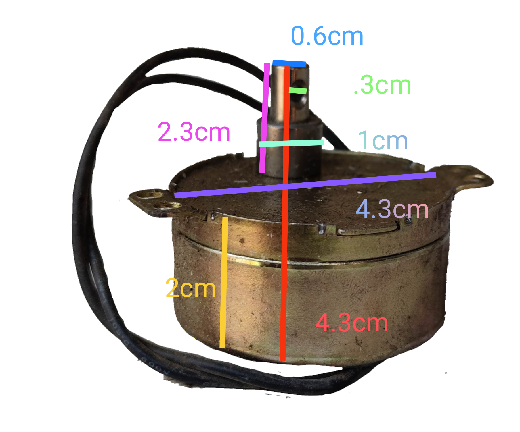 Taiwan made Synchronous Motor 220V with wiring and detailed size measurements on black background
