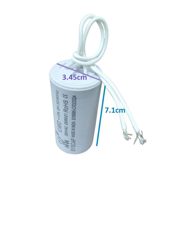 Syscap 12MFD 250 VAC Running Capacitor with white wires and cylindrical shape for electrical circuitry