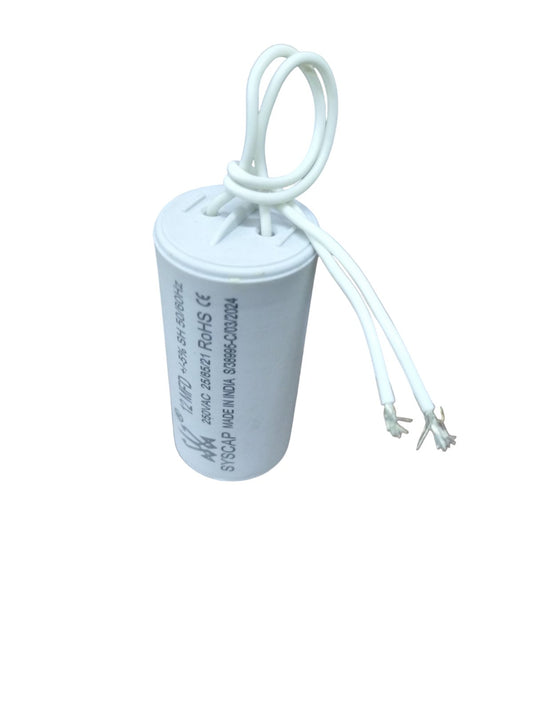 Syscap 12MFD 250 VAC Running Capacitor white cylindrical electrical component with wires