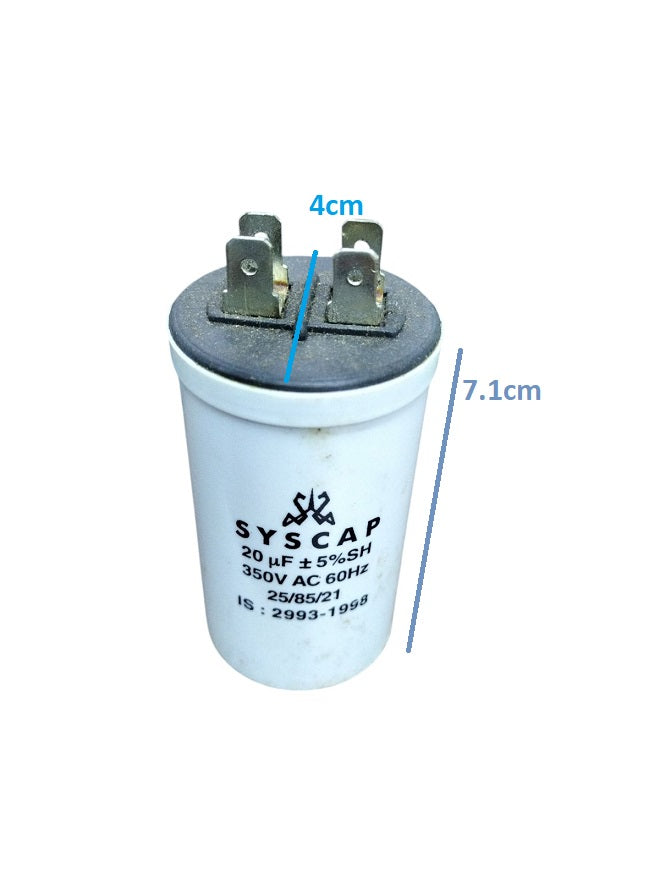 Syscap 20MFD 350 VAC Running Capacitor with metal terminals and white cylindrical body