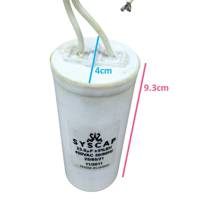 Syscap 23MFD 450VAC motor capacitor with white casing and two connected wires