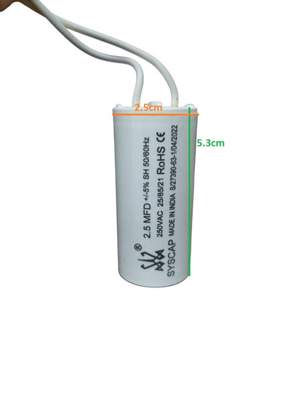 Syscap 250V AC motor running capacitor with dimensions 2.5cm x 5.3cm for electrical applications