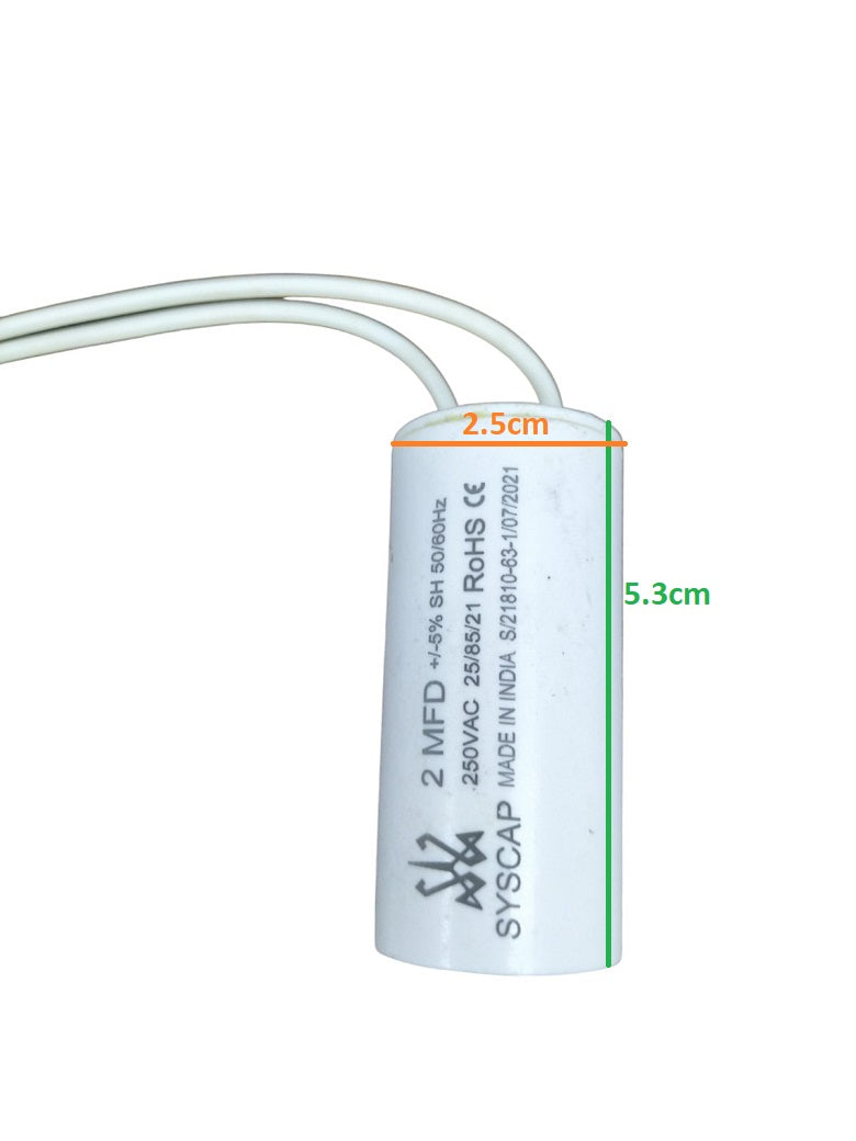 Syscap 250V AC motor running capacitor with dimensions 2.5cm x 5.3cm for electrical applications