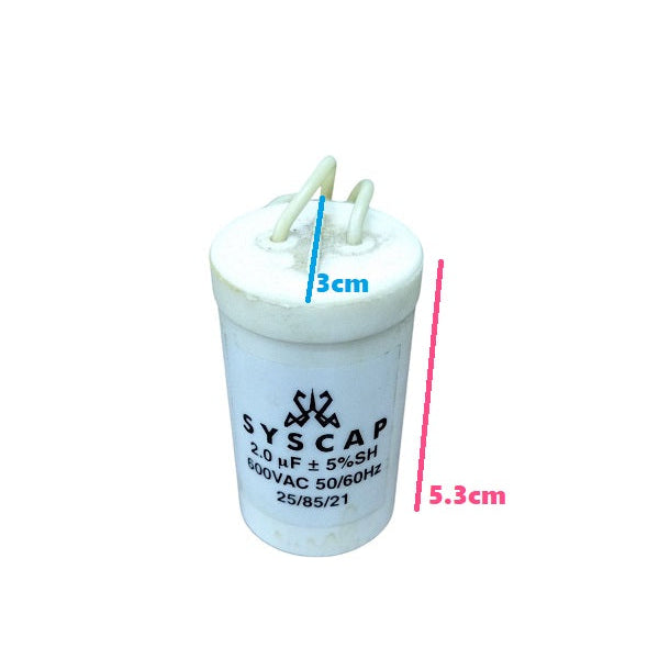 2MFD 600V AC Running Capacitor by Syscap with dimensions of 3cm width and 5.3cm height