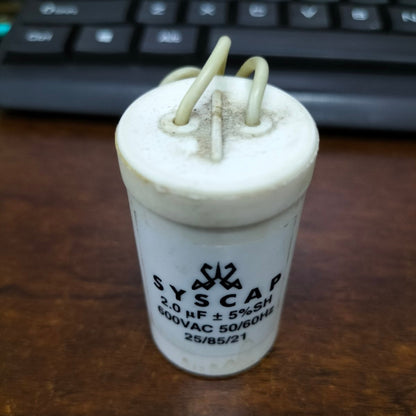 Syscap 2MFD 600V AC Running Capacitor with Clear Label and Connection Wires