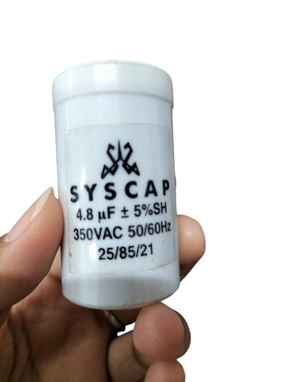 Syscap 350V AC Capacitor for Motor with 4.8 μF capacity and 5 percent tolerance