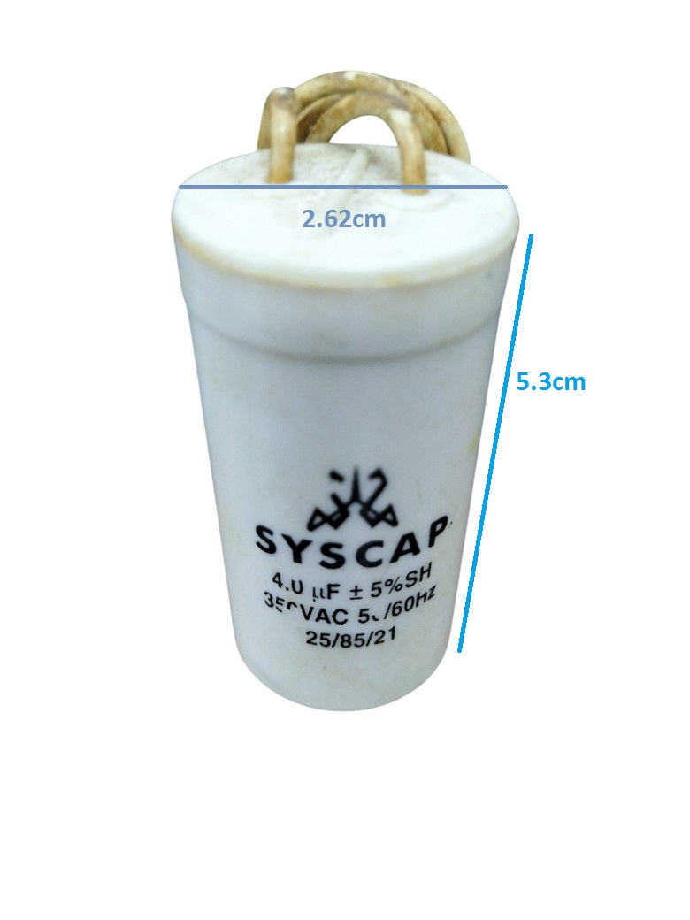Syscap 4MFD Motor Running Capacitor white cylindrical electrical component with wires