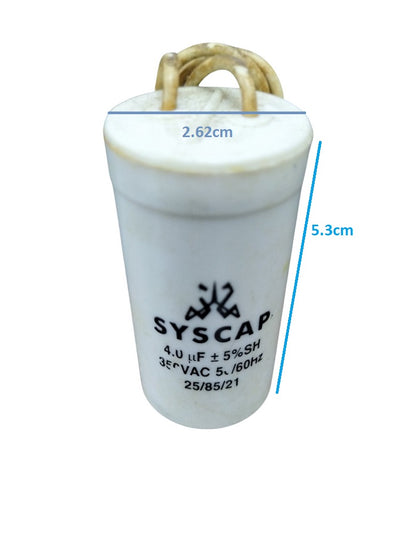 Syscap 4MFD Motor Running Capacitor white cylindrical electrical component with wires