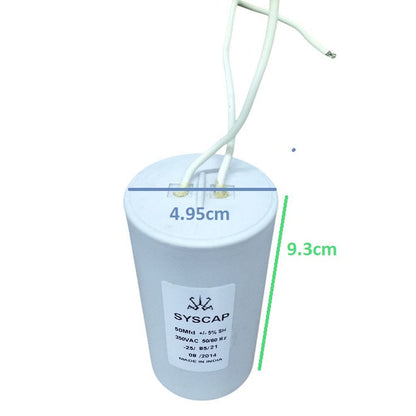 Syscap 50MFD 350V AC Running Capacitor with white wires and cylindrical shape for electrical use