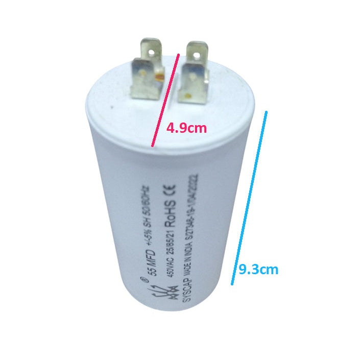 Syscap 55uF motor run capacitor 450V with dual terminals for electrical applications