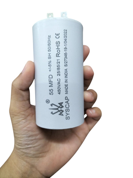 Syscap 55uF motor run capacitor 450V with specifications printed on the side