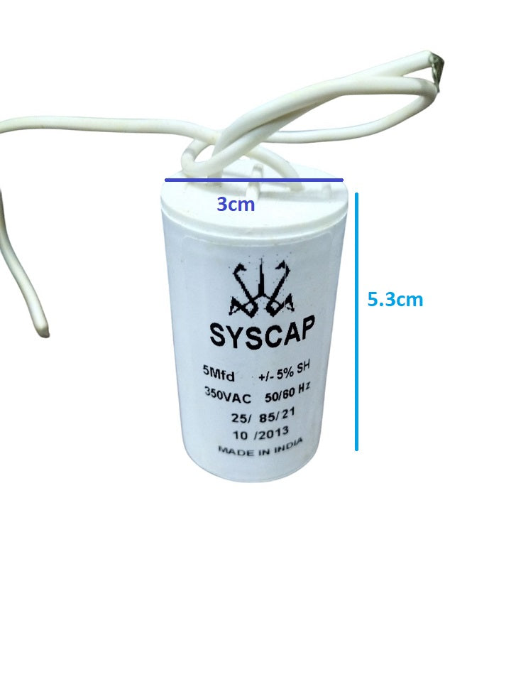 Syscap 5MFD Motor Running Capacitor white cylindrical electrical part with wires
