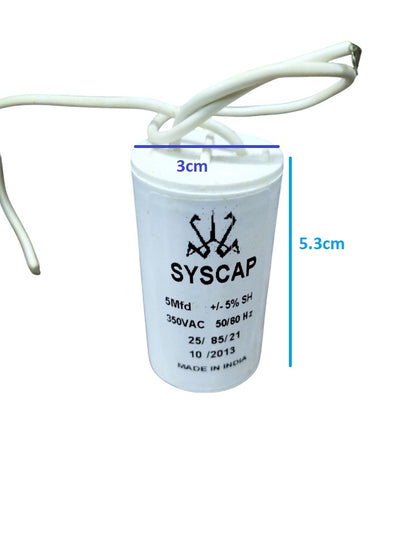 Syscap 5MFD Motor Running Capacitor white cylindrical electrical part with wires
