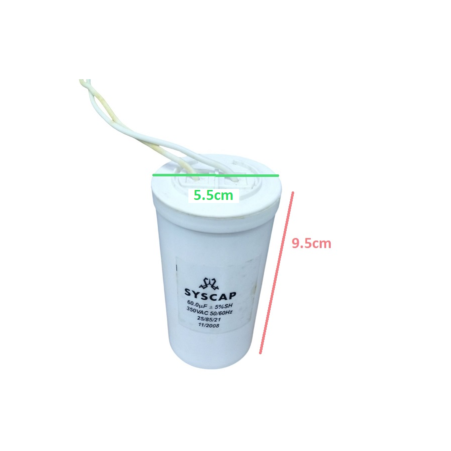 Syscap 60MFD 350V AC Running Capacitor white cylindrical electrical component with wires