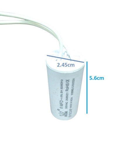 SYSCAP 6mfd 250V running capacitor for motors with white cylindrical body and wires