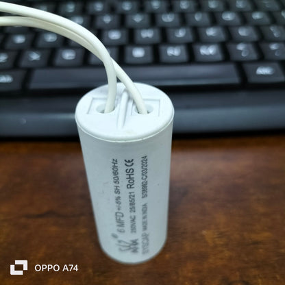 SYSCAP 6mfd 250V running capacitor for motors white cylindrical electrical component with wires