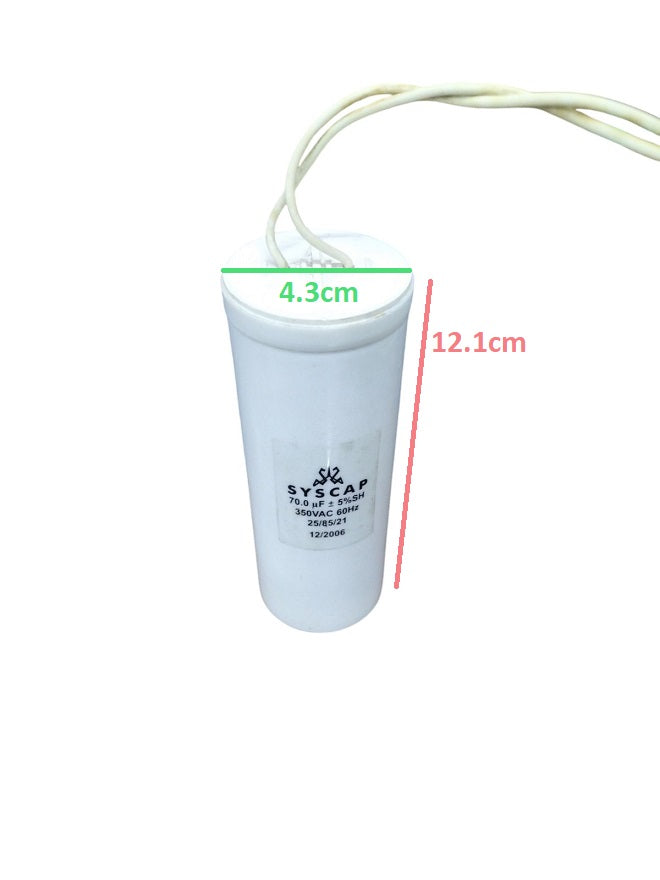 Syscap 70MFD 350 VAC Running Capacitor with dimensions 4.3cm x 12.1cm for electrical applications