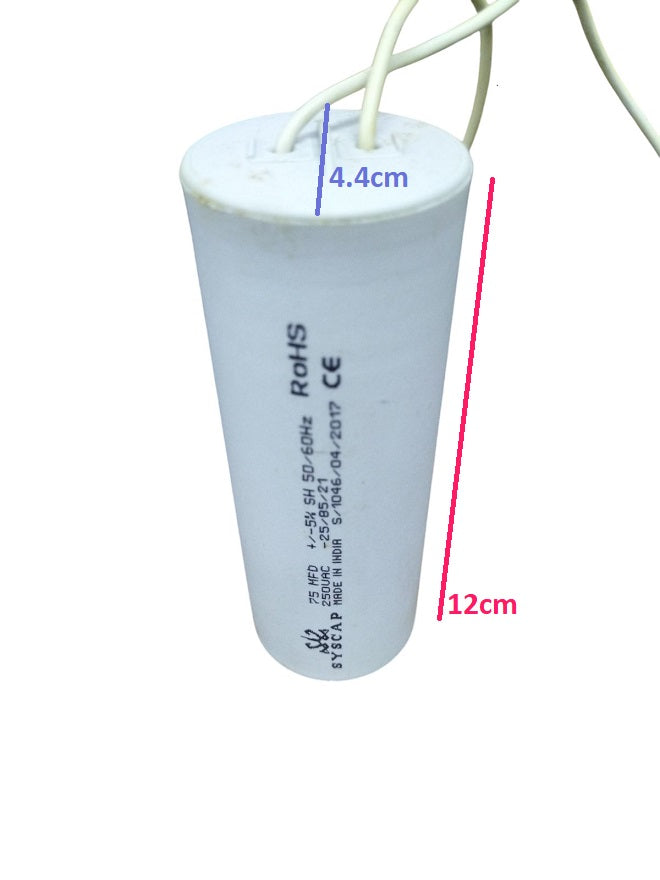 SYSCAP 75mfd 250V AC Motor running capacitor white cylindrical electrical part with wires