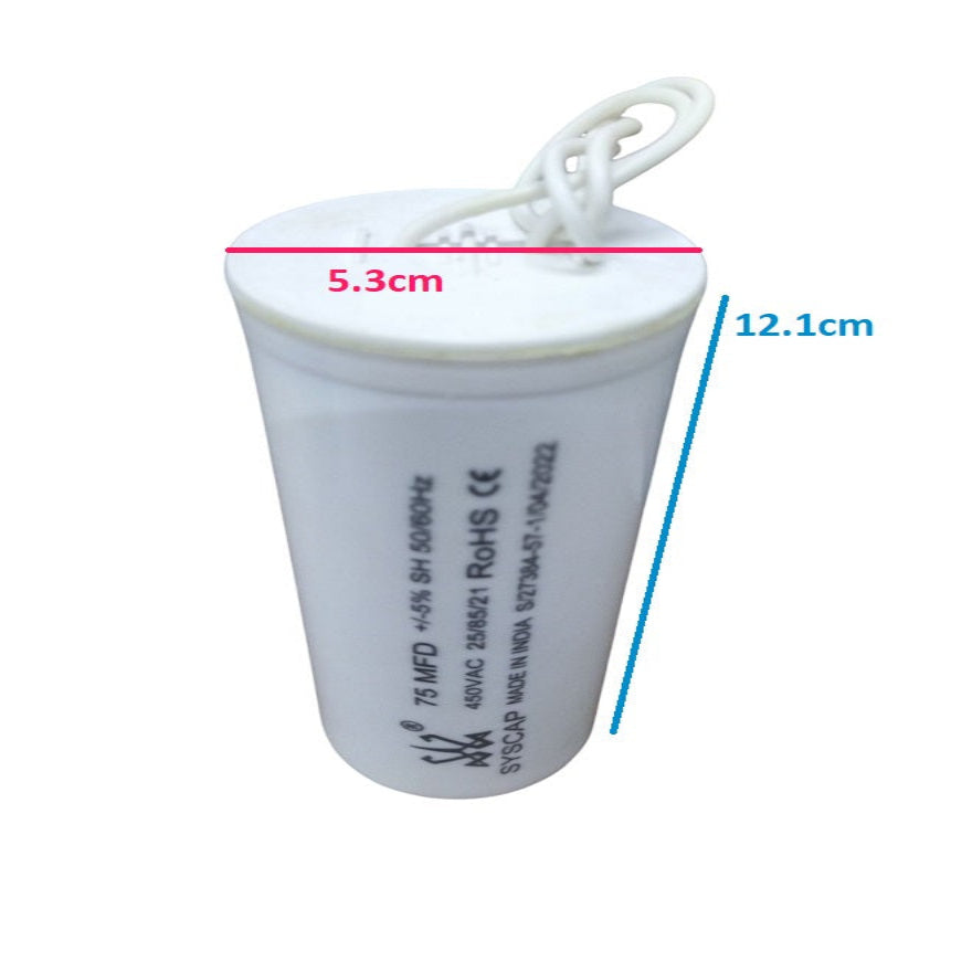 SYSCAP 75MFD motor capacitor 450V AC white cylindrical electrical component with wires