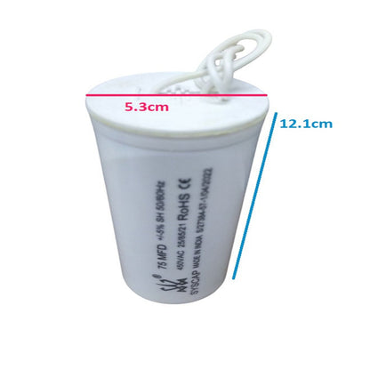 SYSCAP 75MFD motor capacitor 450V AC white cylindrical electrical component with wires