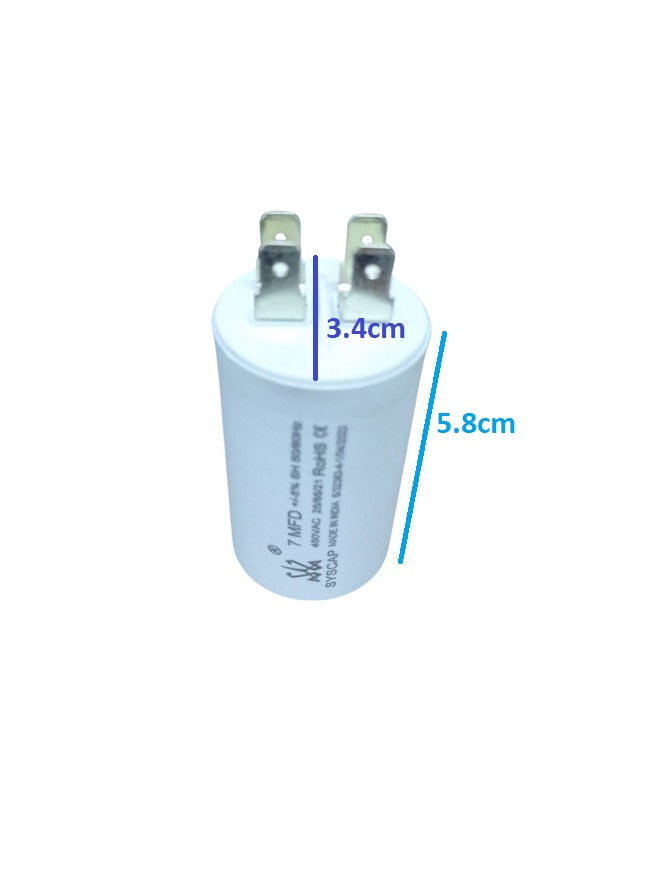 Syscap 7MFD 450Vac Run Capacitor white cylindrical electrical component with metal terminals