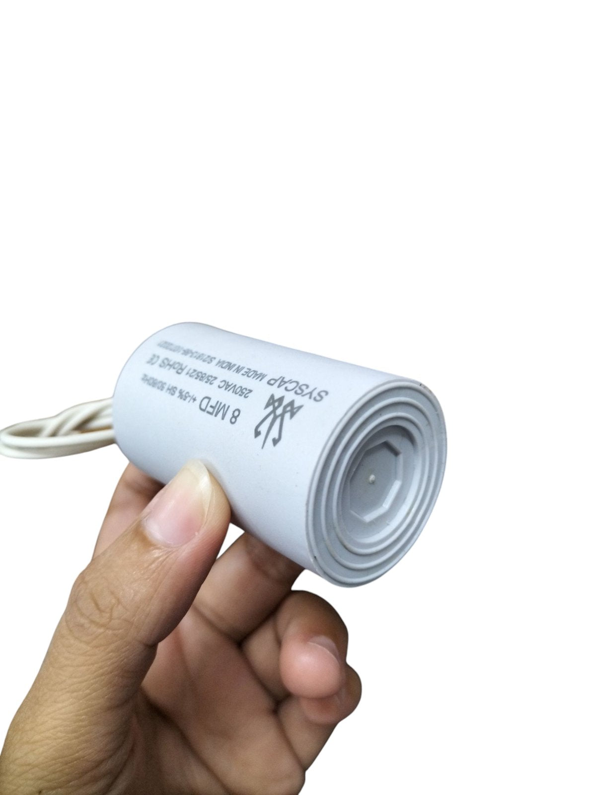 Syscap 8MFD 250 VAC Running Capacitor in Hand for Electrical Applications
