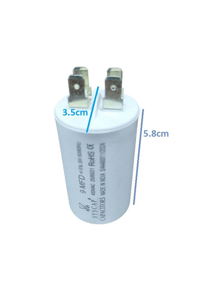 Syscap 9MFD 450 VAC Running Capacitor white cylindrical electrical component with metal terminals