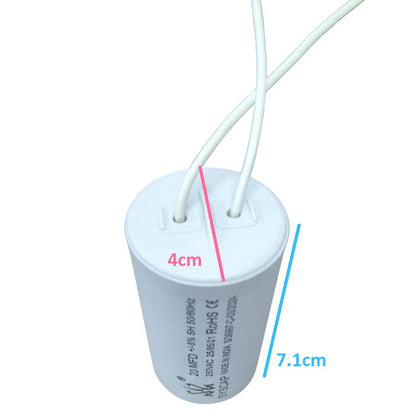 Syscap electrical capacitor for motors with white cylindrical body and wires for motor circuits