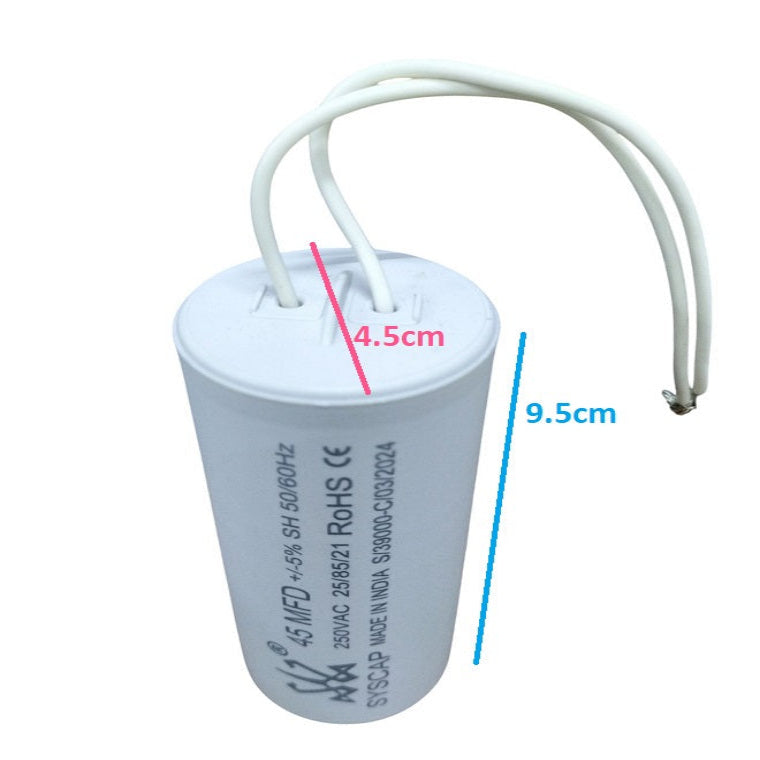 Syscap electrical motor capacitor white cylindrical with two attached wires and product specifications
