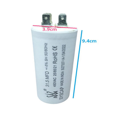 Syscap industrial motor capacitor 31.5 MFD 450VAC white cylindrical electrical component
