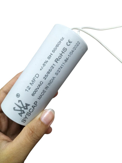Syscap motor capacitor 12 MFD 600VAC electrical circuitry partwith wires