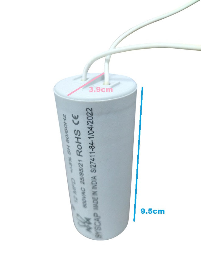 Syscap motor capacitor with white cylindrical body and two attached wires showing product dimensions