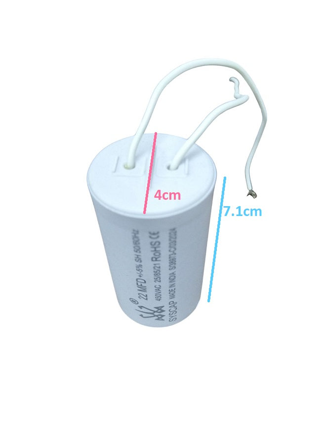Syscap motor capacitor with white casing and two white wires measuring 4cm by 7.1cm