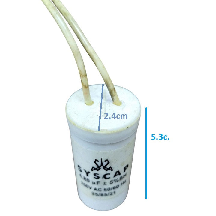 SYSCAP motor capacitor 250V AC with a cylindrical design and two connector wires for electrical applications
