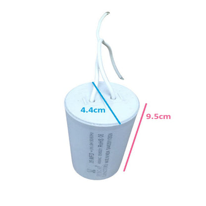 Syscap motor capacitor with white casing and attached wires showing 4.4 cm diameter and 9.5 cm height
