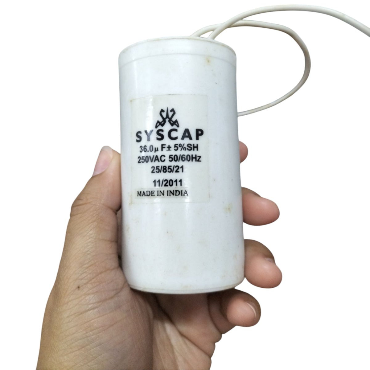 Syscap Motor Capacitor 36uF for use in electrical circuitry and parts with a 250VAC rating