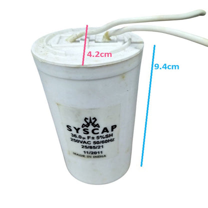 Syscap Motor Capacitor 36.0μF 250VAC with dimensions 4.2cm x 9.4cm for electrical applications