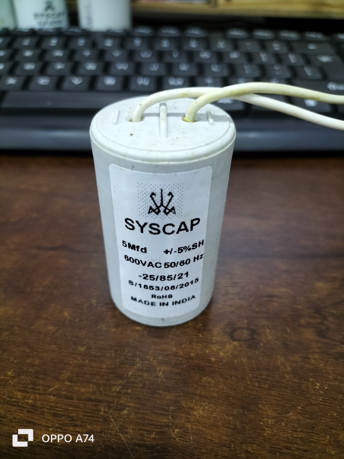 Syscap motor capacitor 5Mfd 800VAC 50 60 Hz electrical circuitry part with wires